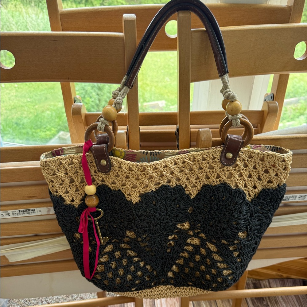 Y2K Vintage Fossil Raffia Tote Crochet Floral Beach Purse Bag Natural Straw Blck